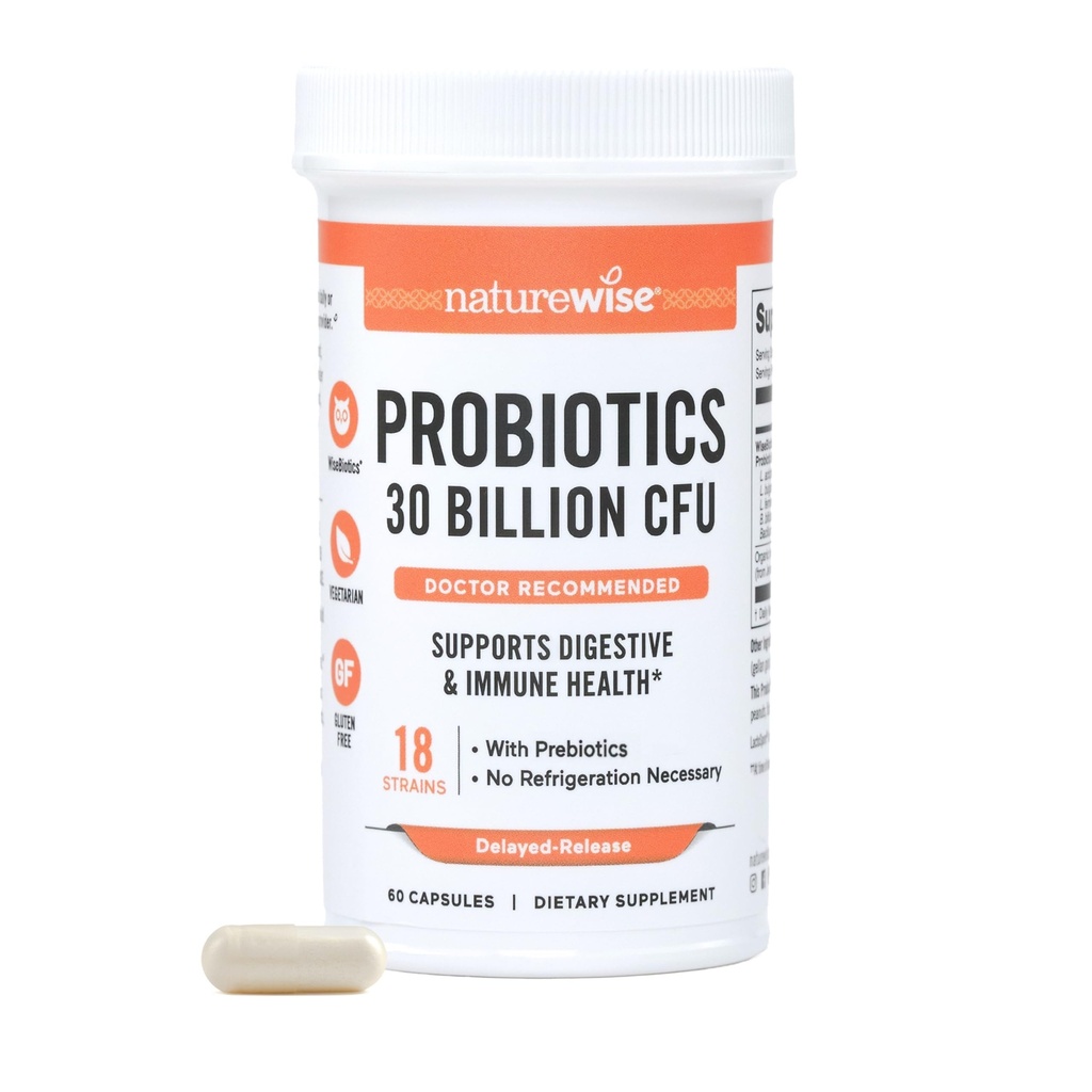 NatureWise Max Probiotics for Women & Men - 30 Miljard CFU 18 Strains with Prebiotics - For Gut & Digestief Health - Delayed-Release Capsules, Gluten Free - 60 Capsules [50]Maandelijke levering]