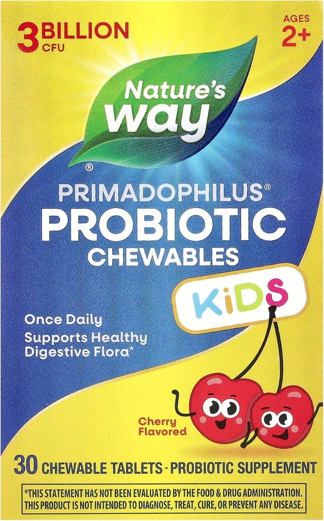 Nature's Way Primadophilus Probiotic Chewables for Kids, Supports Healthy Digestive Flora*, for Kids Ages 2+, 3 Miljard CFU, 30 Cherry Flavored Chewables (Verpakking mei Vary)