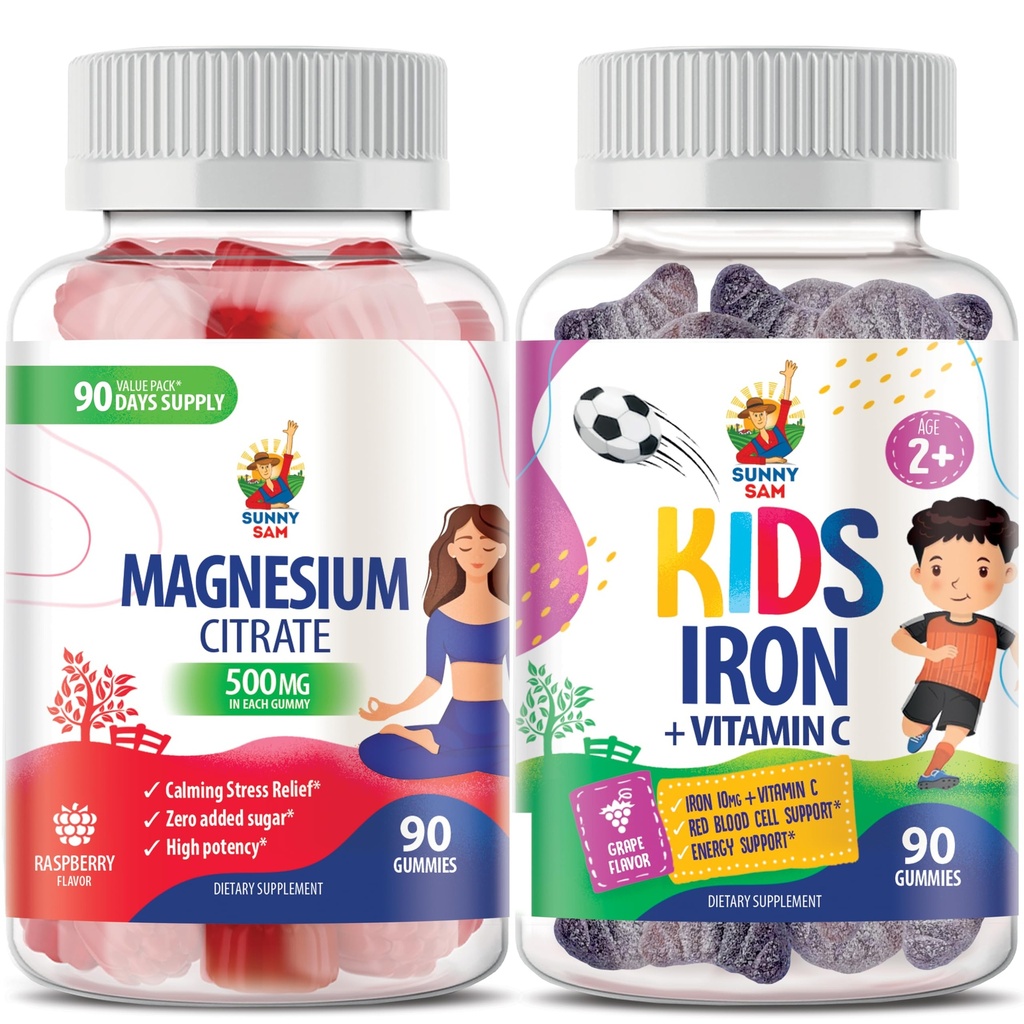 SUNNY SAM Iron Gummies for Kids & Adults & Magnesium Gummies for Adults - 500mg - Calm Magnesium Chews - Magnesium Citrate Chewable Supplement for Mood & Muscle Support. IJzervitaminen met Vitamine C.