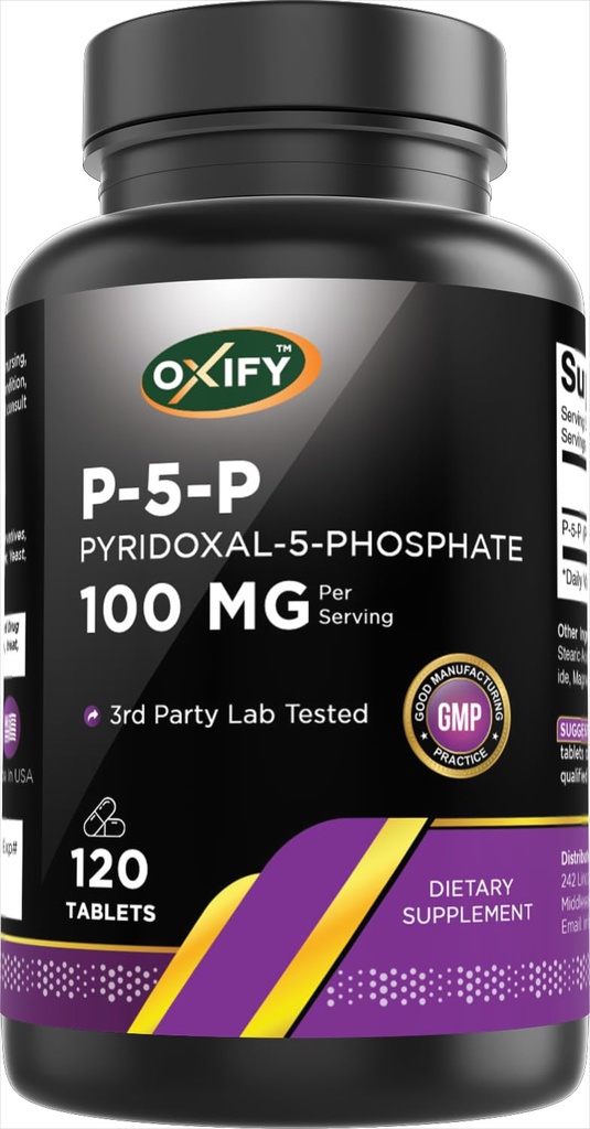 Oxify P-5-P Pyridoxal-5-Phosphate 100 mg | 120 Tablets | Gluten-Free, Non-GMO | Supplement Made in USA