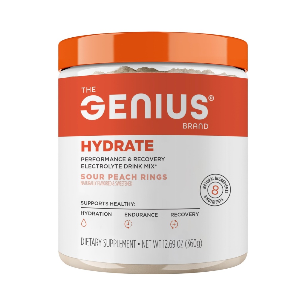 The Genius Brand Genius Hydrate - Supplément électrolytique pour l'hydratation quotidienne - Eau de coco - Sans sucre - 8 minéraux et nutriments essentiels - Non-OGM - Anneaux de pêche acides - 50 portions