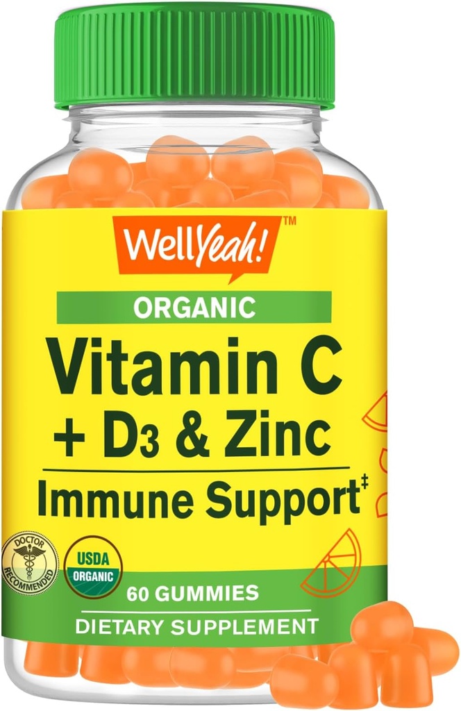 WellYeah Biologische Vitamine C + D3 + Zink Gummies - Immune Boosting, Antioxidant-Rich, en Bone Health ondersteuning, USDA Organic, Vegan, and Non-GMO - Gluten-Free, Nut-Free Gummy - 60 Tellen