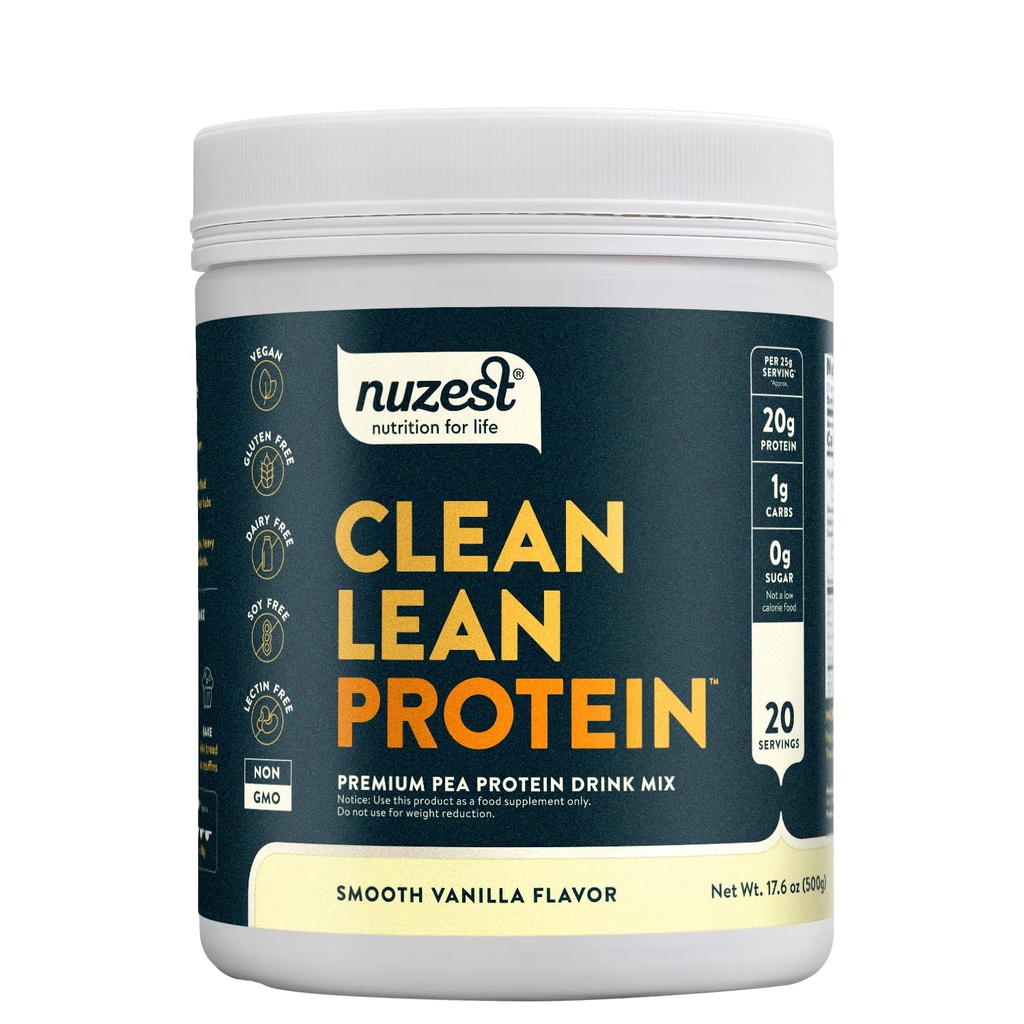 Nuzest - Pea Protein Powder - Clean Lean Protein, Premium Vegan Plant Based, Dairy Free, Glutenvrij, GGO-vrij, Natuurlijk Gezoet Proteïne Shake, Glad Vanille, 20 Servers, 1,1 lb
