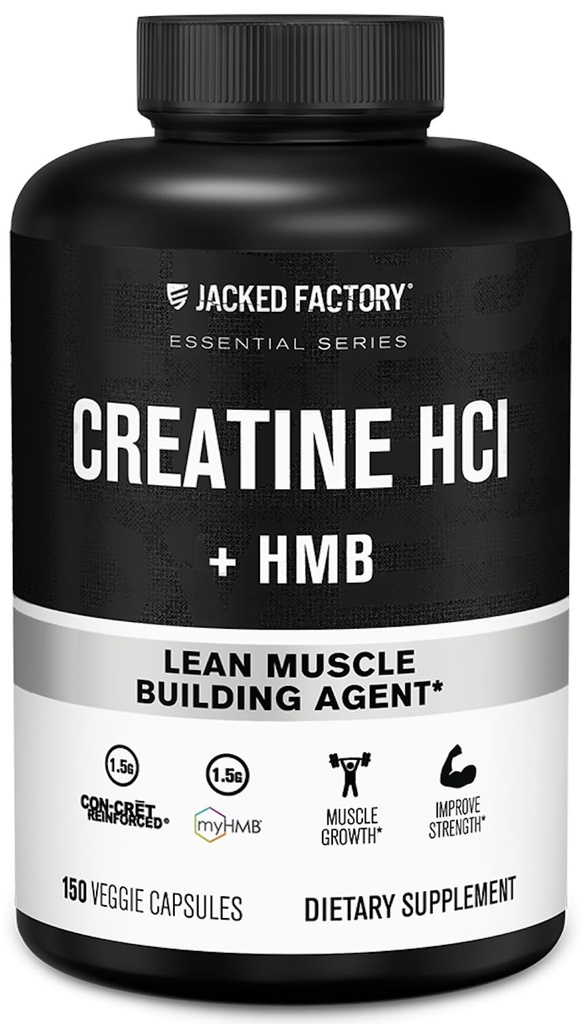Creatine HCL + Capsules HMB Jacked Factory - Formule synergique CON-CRET, myHMB et vitamine D pour une meilleure croissance, résistance et réduction de la répartition musculaire - 150 Capsules