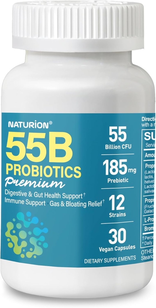 55B Probiotica Premium - 55 Miljard CFU, 12 Strains, 185mg Prebiotic - Immune Support, Digestief & Gut Health - Ondersteuning Occasional Constipatie, Gas & Bloating - 30 Vegan Capsules, 30 Day Supply