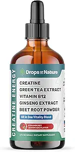 Creatine Monohydraat en vitamine B12 druppels - met beetwortelpoeder, biologische groene thee en ginseng - veganistisch, snellere absorptie dan creatine Gummies - energie en vitaliteit ondersteuning (Strawberry Lemonade, 60ml)