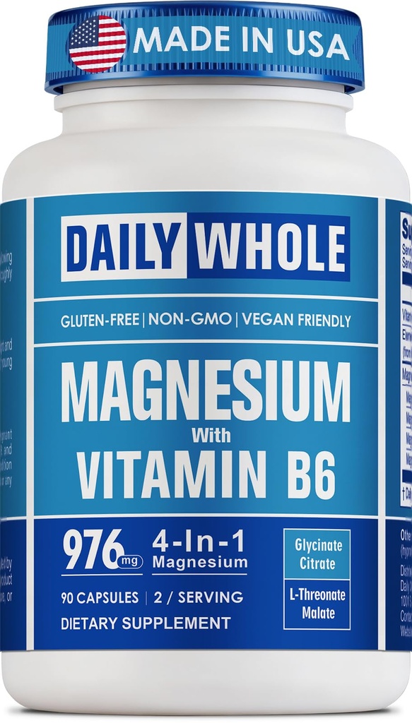 4 in 1 Magnesium Complex for Women & Men, 976mg Elemental Magnesium with Magnesium Glycinate, Citrate, Malate, L-Threonate for Bones, Muscle, Recovery, Energy, Gluten Free, Non-GMO - Easy to Swallow