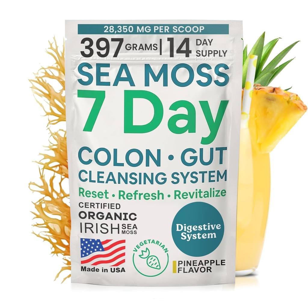 Atlantic Naturals Sea Moss 7-Day Colon & Gut Purification - Golden Flax Seeds, Psyllium Husk, Senna Powder, for Women & Men - Ananas Smaak Drink Mix (14 oz)