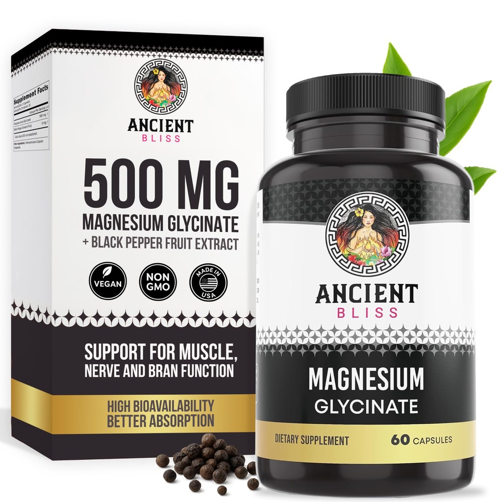 Ancient Bliss Magnesium Glycinate for Muscles & Nerves, Digestief & Immune Support Supplement, Magnesium Supplement for Women & Men (60 Capsules)