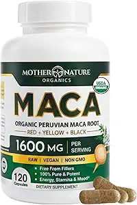 Moeder Natuur USDA Biologische Maca Wortel Zwart + Rood + Geel Capsules Peruaanse Maca voor mannen & vrouwen 1600mg, Vegan Pillen, Ondersteunt Mood, Hormonale Balance Reproduction & Energy (90ct)