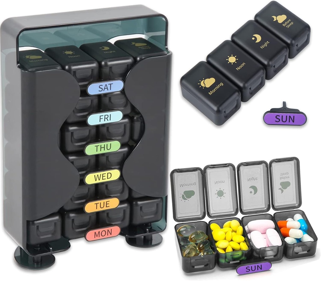 Weekly pil Organizer 7 Dag 4 keer per dag, Grote pil Box Organizer met lade Ontworpen, Dagelijkse pil Organizer om medicijnen, medicijnen, vitamines en visolie vast te houden (zwart)