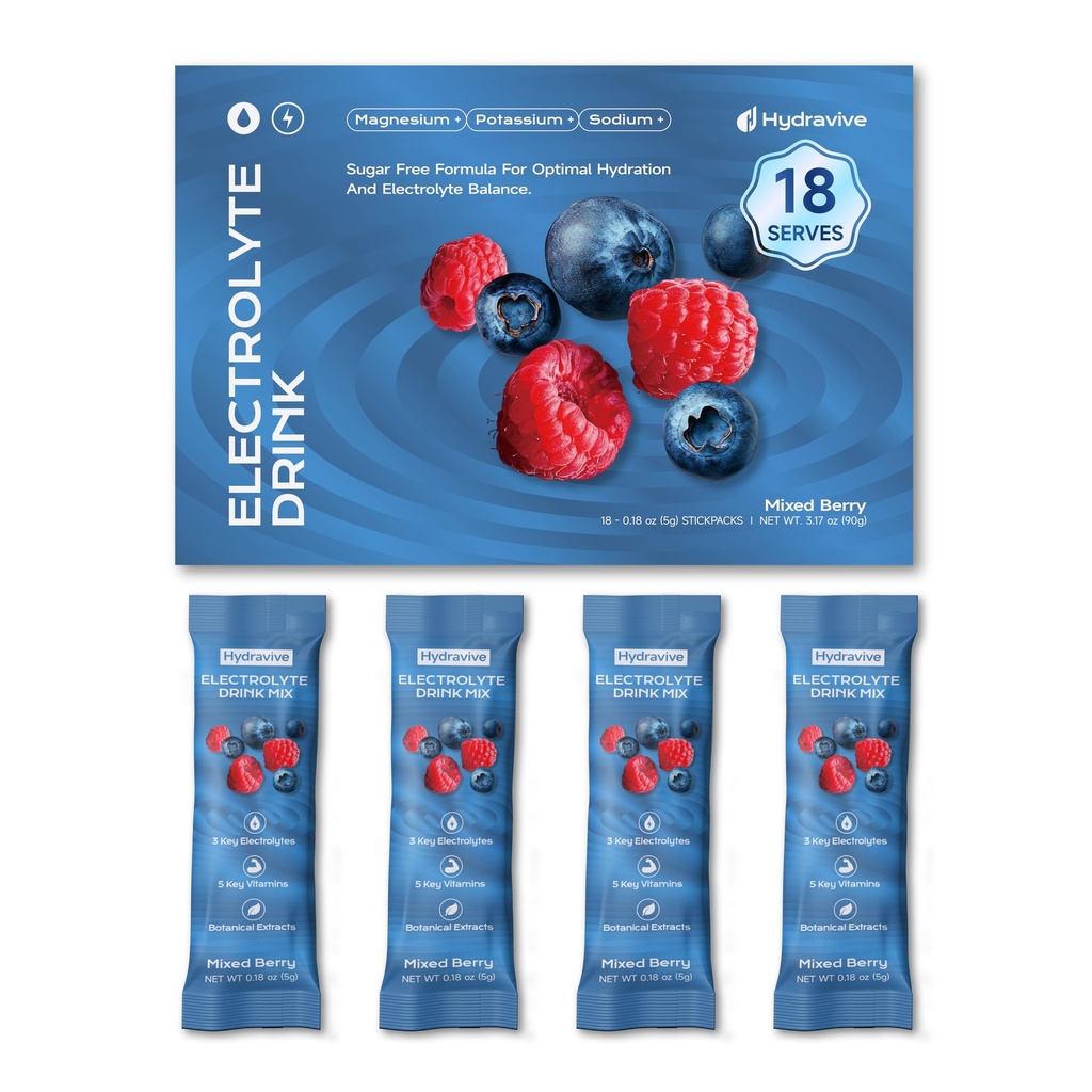 Hydration Electrolyte Powder 18 Packs – Sugar Free Liquid Daily IV Drink Mix | 1,000mg Total of 5 Electrolytes, 5 Vitamins | Ashwagandha, L-Theanine | Non-GMO (Berry) (18, Berry)