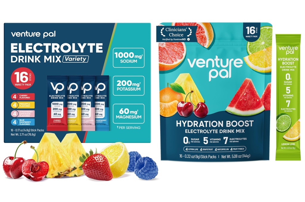 Venture Pal Electrolyte Drink Mix Combo Pack – Balanced Daily Hydration & High Sodium Support | Sugar-Free, Zero Calories | 32 Sticks