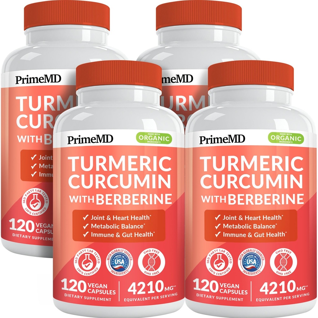 5-in-1 Organic Turmeric Curcumin Supplement (4210mg) with Berberine, Ceylon Cinnamon Bioperine and Ginger Supplements for Joint, Heart, Gut, & Metabolic Support (120 ct) (Pack of 4)