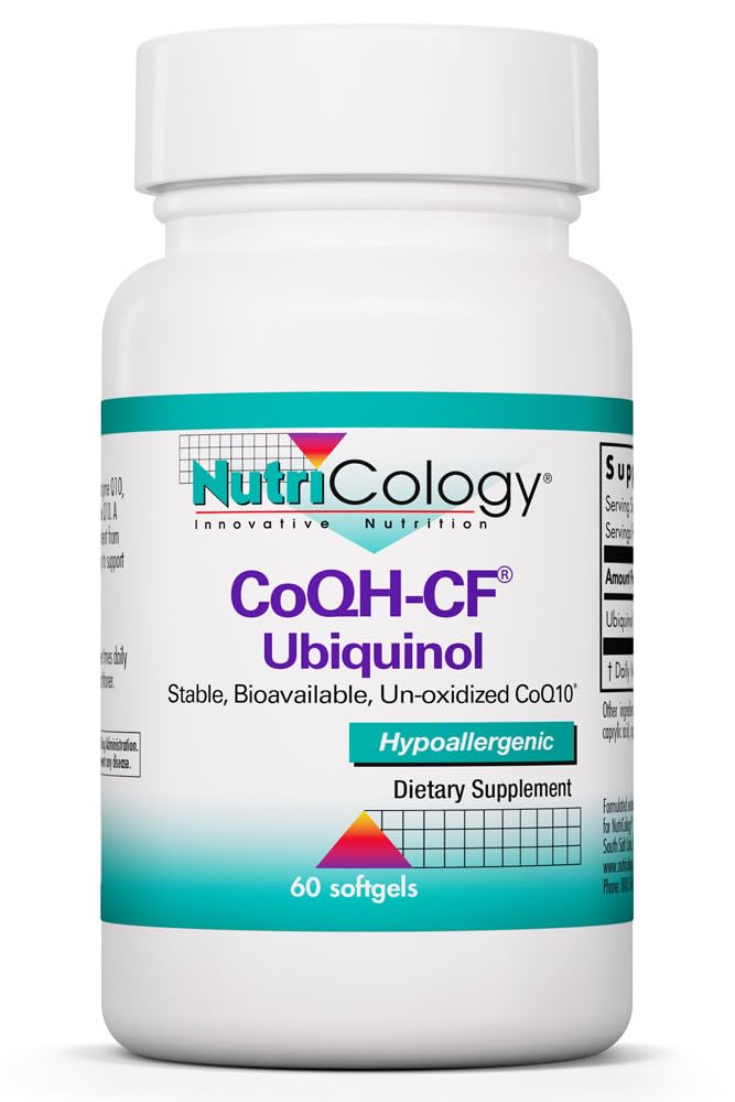 Nutricology CoQH-CF Ubichinol 100mg Supplement - Un-Oxidized CoQ10, Ondersteunt Cardiovasculaire Gezondheid, Immuun Systeem Ondersteuning, Stabiel, Biobeschikbaar, Softgels - 60 Tellen