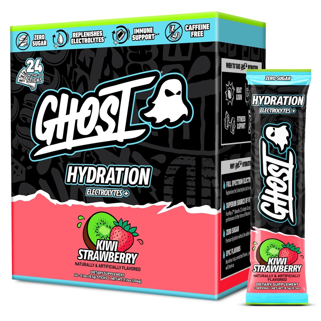 GHOST Hydration Sticks, Electrolyte Powder Packets, Kiwi Strawberry - 24 Sugar Free Instant Electrolyte Drink Mix - Caffeine-Free Daily Hydration & Immune Support with Clean Formula