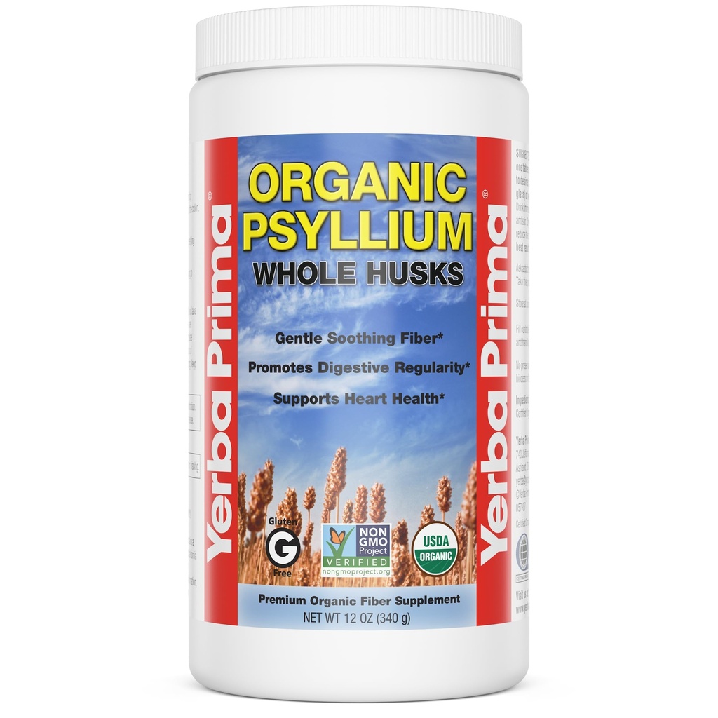 Yerba Prima Organic Psyllium Whole Husks 12 oz - Supplément de fibre alimentaire naturelle, non OGM, sans gluten, kéto et végétalien amical pour le soutien de la régularité, non aromatisé