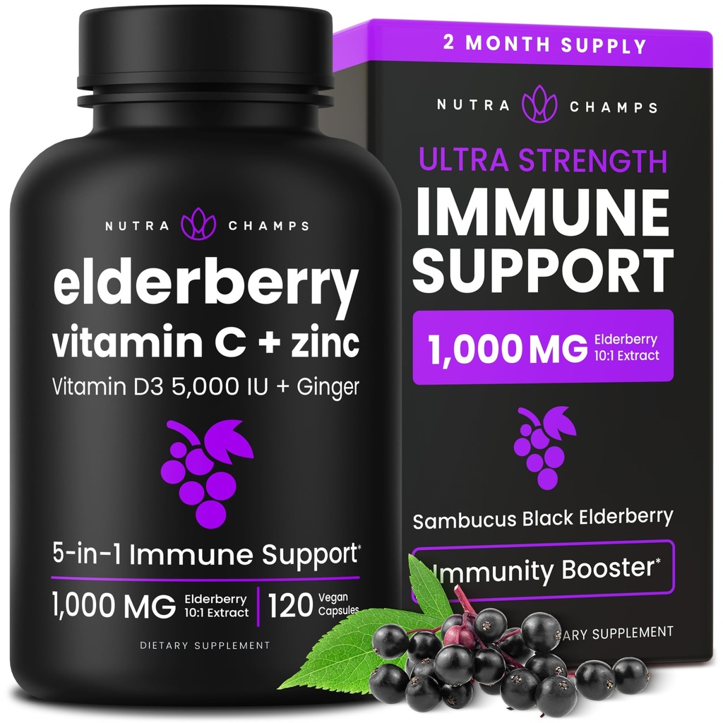 NutraChamps Vlierbes met vitamine C en zink - 5 in 1 Immunity Supplement, 10.000mg Sambucus Zwarte Vlierbes Capsules met Vitamine D3 5000 IE, Sambucus Vlierbes Extract Immune Ondersteuning voor Volwassenen