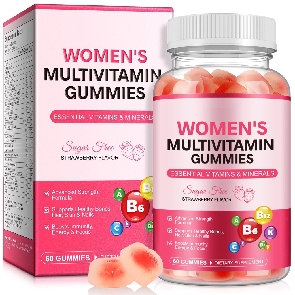 Multivitamin Gummies for Women, Natural Multi Vitamins, Boosts Immunity, Energy & Focus, Womens Daily Multivitamin Gummy for Hair, Skin & Nails, Sugar-Free, Strawberry Flavor, 60 Gummies
