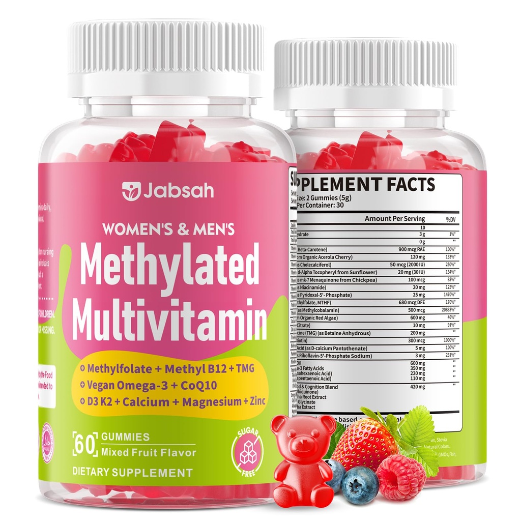 Methylated Vitamin B Complex Gummies for Women & Men, Multivitanins Gummy with Vitamin A, C ,E, Methylfolate & B12, TMG, Calcium, D3 K2, Magnesium & More for Overall Health-Vegan, Sugar Free, 60 Cts
