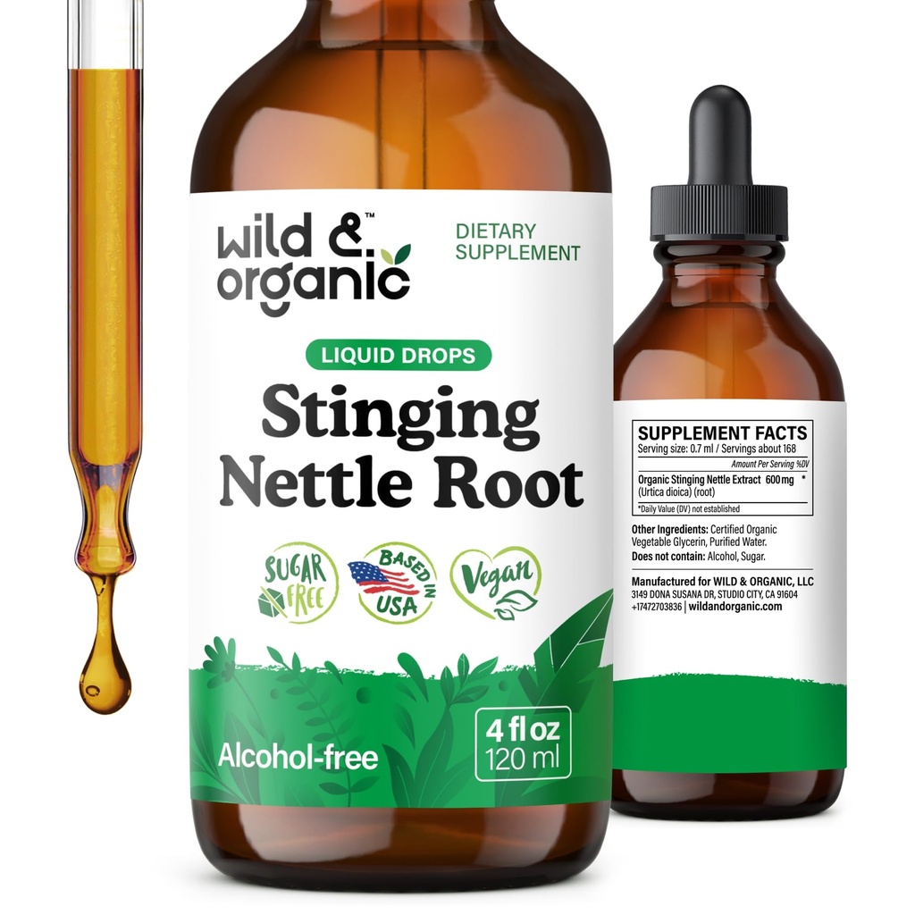 Wild & Organic Stingle Nettle Tinctuur - Stinging Nettle Root Extract Drops for Men & Women - Liquid Urtica Dioica Supplement - Vegan, Sugar & Alcohol-Free - 4 floz