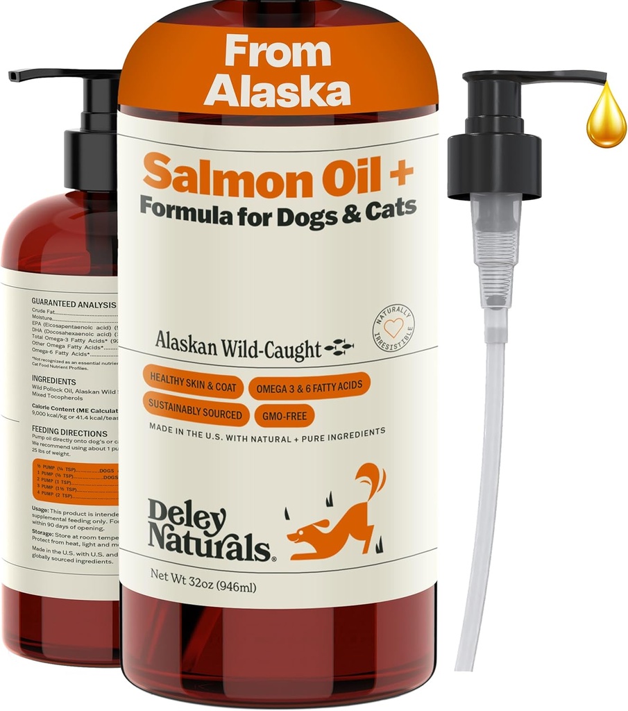 Deley Naturals Wild Alaska Salmon Oil for Dogs - New & Improved Salmon Oil Plus Formula - Fish Oil for Dogs with DHA EPA Omega 3 & 6 Fatty Acids - Omega 3 Fish Oil for Skin & Coat - 32oz Made in USA