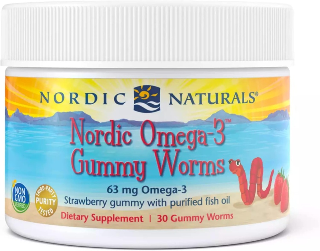 Nordic Naturals Nordic Omega-3 Gummy Worms, Aardbei - 30 Gummy Worms - 63 mg Totaal Omega-3's met EPA & DHA - - 30 porties