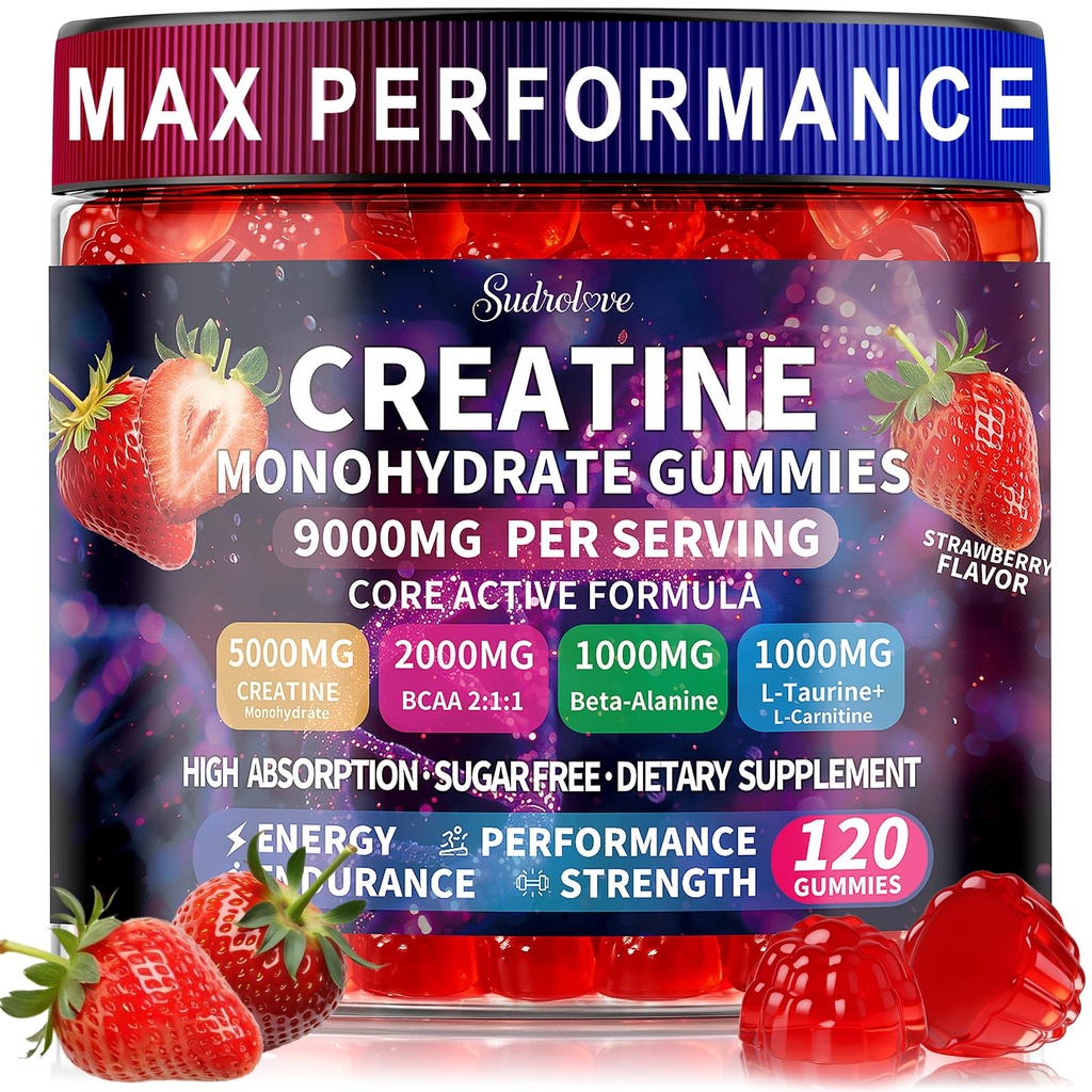 Creatine Monohydrate Gummies with BCAA, Beta-Alanine, L-Taurine, L-Carnitine, Vitamins B6 & B12, Raspberry Flavor, Pre Workout Chewable Supplement for Men & Women, 120 Count, Strawberry