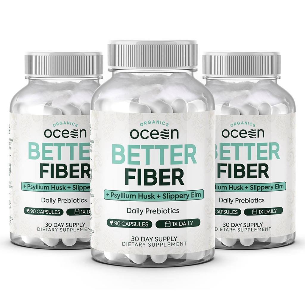 Organics Ocean Better Fiber - Daily Fiber Supplement - Softten Stool for Moeiteless Bowel Movements - met Psyllium Hulk en Slippery Elm - 3 flessen