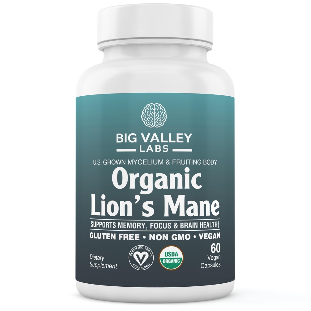 Organic Lion's Mane Mushroom Supplement, USDA Organic, Non-GMO, Vegan, Gluten Free, 60 Capsules