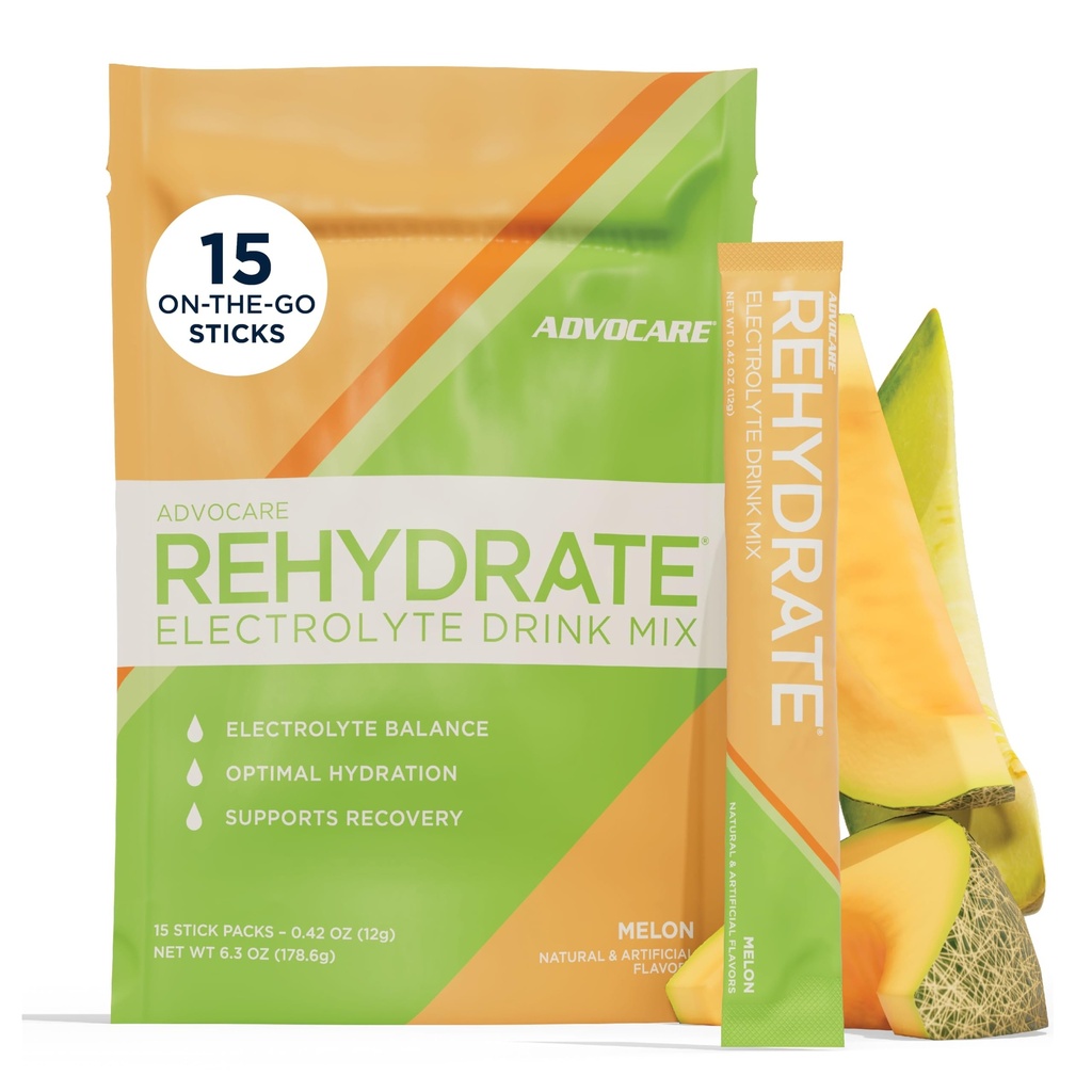 AdvoCare Rehydrate - Electrolyte Drink Mix - Includes Magnesium, Sodium, Potassium & Calcium - Antioxidant & Amino Acid Fortified - Hydration & Recovery - Melon, 15 Stick Packs (6.3 oz)