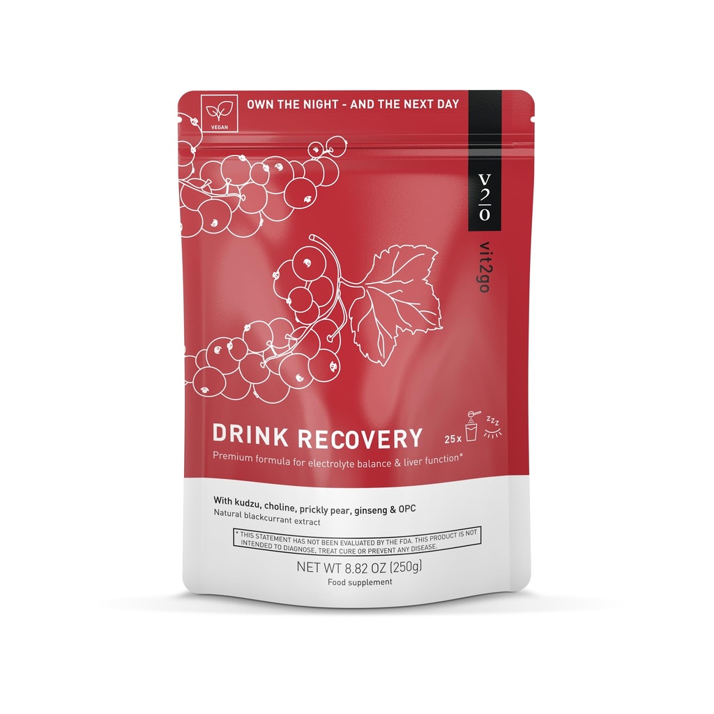 Drink Recovery Electrolytes Powder 250g with Vitamins, Vegan Electrolyte Packets for Hydration & Liver Detox, Blackcurrant Flavor (25 Portions)