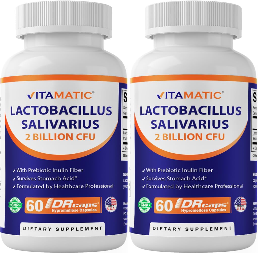Vitamatic Lactobacillus Salivarius 2 Billion per DR Capsule - 60 Count - Digestive Support - Made with Prebiotic Inulin Fiber (2 Bottles)