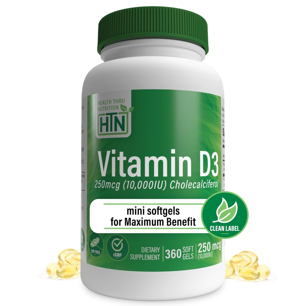 Gezondheid Thru Voeding Vitamine D3 10.000iu 360 Mini Softgels voor de maximale voordelen jaar aanbod  Kwaliteit in Organische EVOO Immuungezondheidsondersteuning