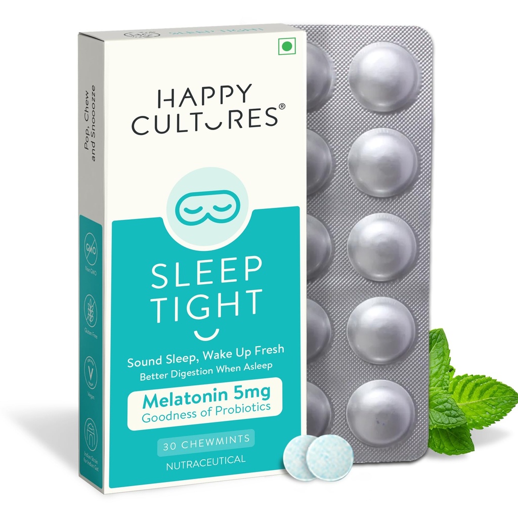 VELBIOM Happy Cultures Sleep Tight Melatonin 5Mg with Probiotics Bacillus Coagulans Sleep Deeper & Wake Up Refreshed & Natural Clinically Tested Helps Gas Relief, Indigestion - 30 Chewmints