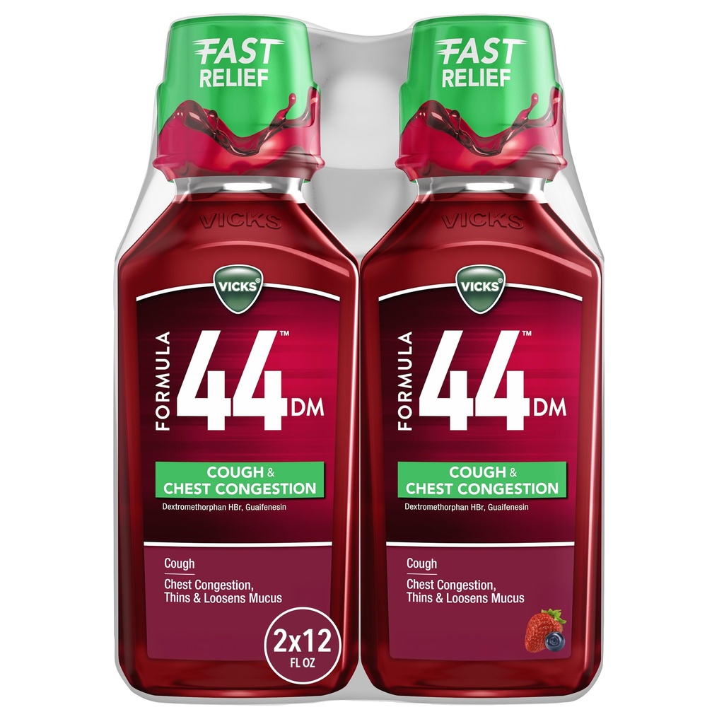 Vicks Formula 44 DM Cough & Congestion Liquid, Over-The-Counter Medicine, Day or Night, Cough Syrup, Powerful Cough and Congestion Relief, Cough Suppressant and Expectorant, Berry Flavor, 2x12 FL OZ