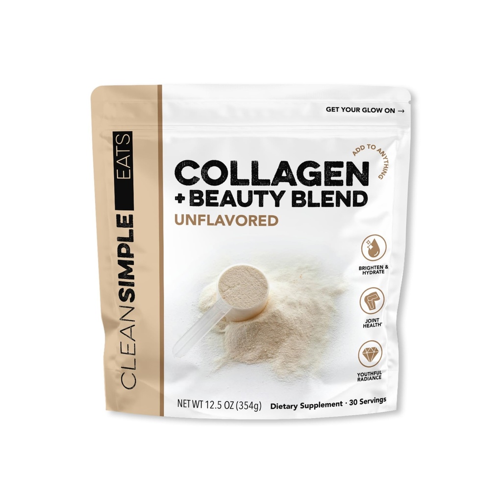 Clean Simple Eats Collagen Powder + Beauty Blend, Unflavored, 11G Hydrolyzed Collagen Peptides from Grass Fed Bovine & Chicken, Hyaluronic Acid for Hair, Skin, Nail & Joint Support, 30 Servings