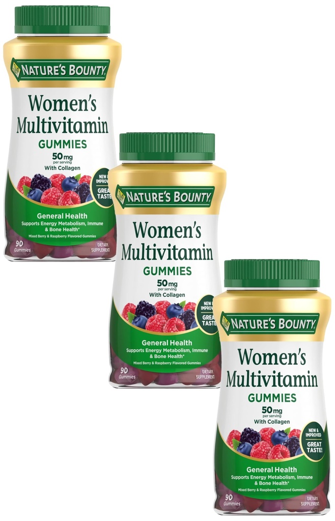 Nature's Bounty Women Multivitamin Gummies, Vitamin Supplements for Adults, General Health, Supports Immune and Bone Health, Mixed Berry and Raspberry Flavored, 90 Gummies (Pack of 3)