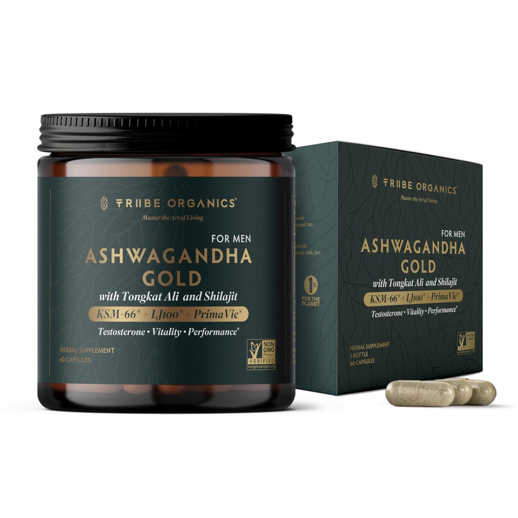 TRIBE ORGANICS Ashwagandha Gold for Men - Clinical Testosterone Booster for Men with KSM-66, LJ100 Tongkat Ali & PrimaVie Shilajit - Premium Energy, Strength, Vitality & Stress Support with AstraGin