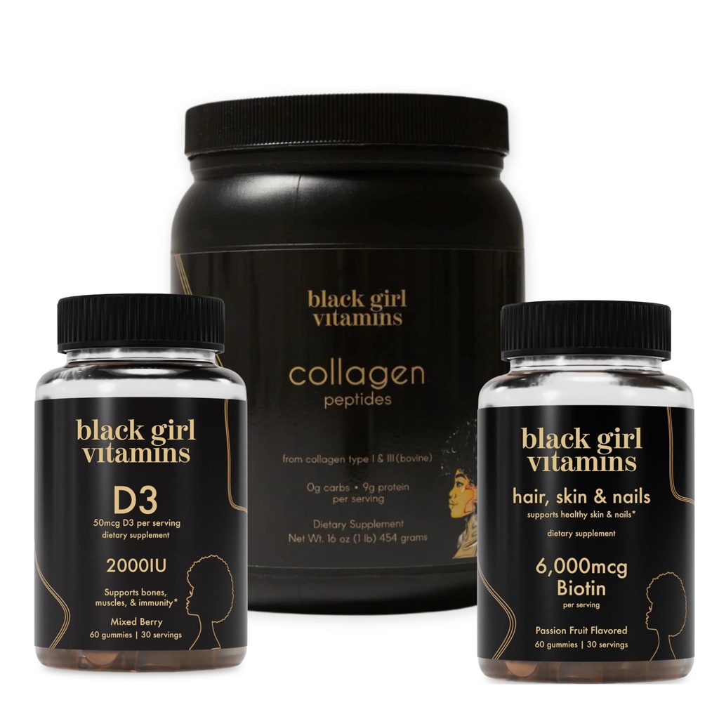 Black Girl Vitamins Beauty Bundle – Hydrolyzed Collagen Peptides (16 oz), Hair Skin & Nails Biotin Gummies (6000mcg) + Vitamin D3 Gummies – Women’s Wellness Supplement Bundle for Hair Growth, Skin