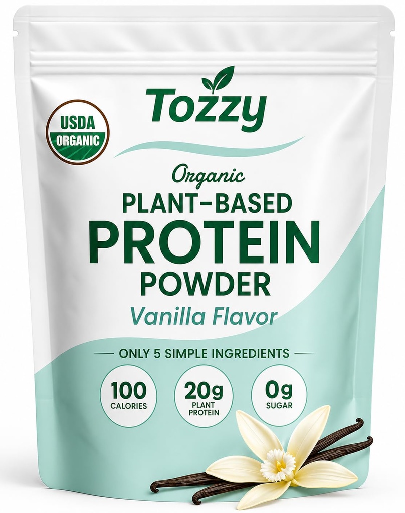 TOZZY Organic Vegan Protein Powder, Vanilla | 8 Servings | 20g Plant-Based Pea Protein | 5 Simple Ingredients | 0g Sugar | Keto | Gluten- & Dairy-Free (8 Ounce)