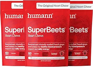 HumanN SuperBeets Heart Chews, Oxyde nitrique et soutien de la pression artérielle, Extrait de graines de raisin et énergie de poudre de betteraves non-OGM, Flamand de baies de grenade, 180 comte