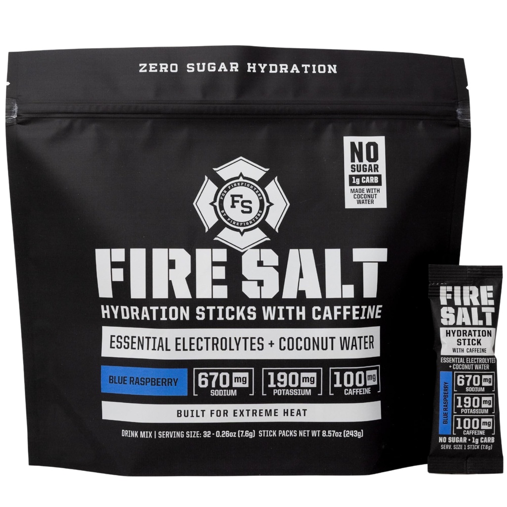 Fire Salt Hydration Sticks, Electrolytes & Organic Coconut Water, Hydration Drink Mix with Caffeine & Mediterranean Sea Salt, Zero Sugar, Blue Raspberry, 32 Single Serve On the Go Packs