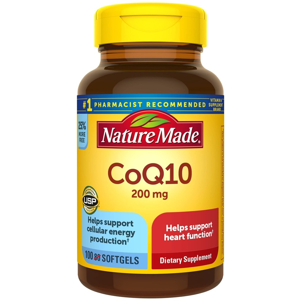 Nature Made CoQ10 200 mg, Dieetsupplement voor Hartgezondheid en Cellulaire Energieproductie, 100 Softgels, 100 Day Supply