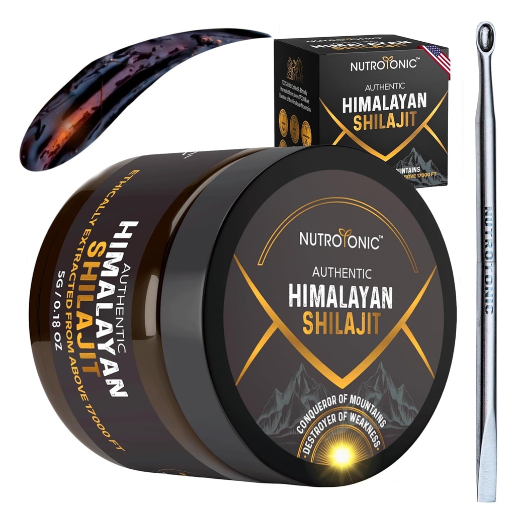 NutroTonic® authentique Himalayan Shilajit résine pour hommes et femmes - Gold Grade 86% Acid fulvic - Wild Crafted +17000 FT – 40x Nano filtré et séché au soleil - 3ème laboratoire party testé - 5g Jar