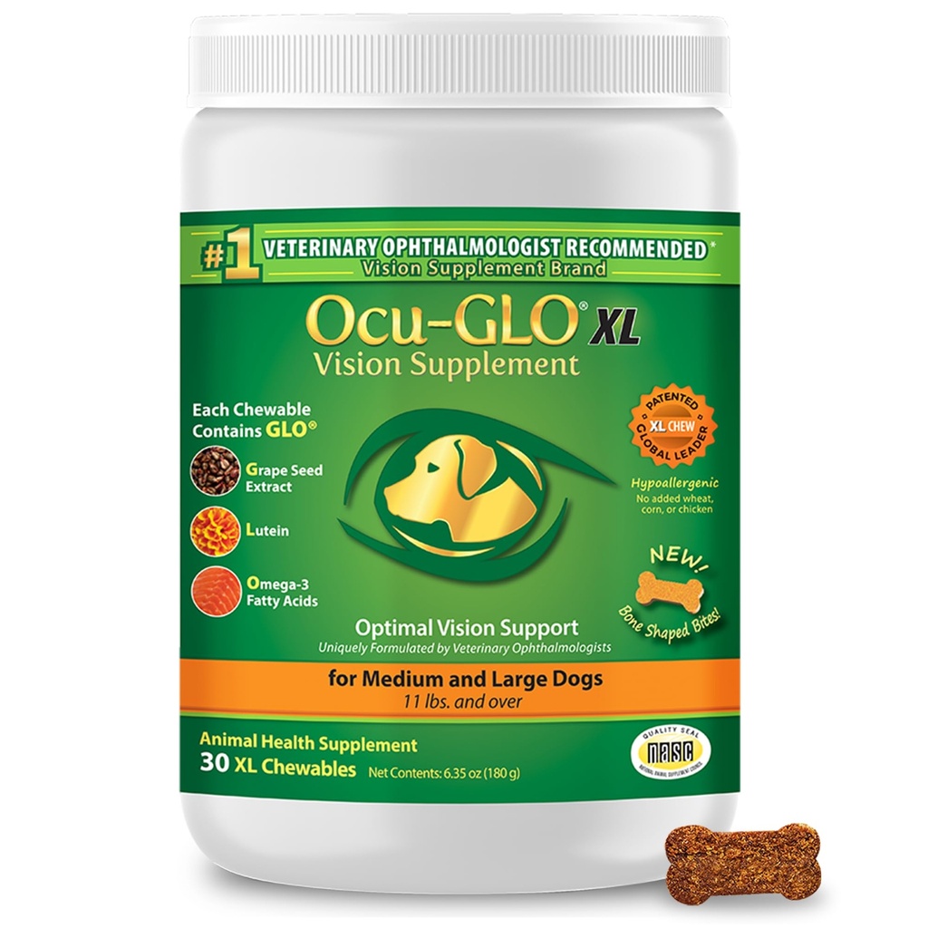 Ocu-GLO Cat & Hond voor oogondersteuning - Kauwbaar Vision Supplement voor grote en kleine huisdieren Zorg met luteïne, omega-3 vetzuren, druivenzaadextract & antioxidanten 30 XL kauwtabletten