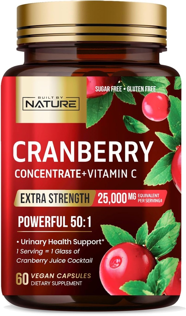 Gebouwd door Nature Cranberry Pillen 25.000mg - Extra sterkte 50:1 concentraat Extract met vitamine C - Urinaire Tract Health Supplement voor vrouwen - Non-GMO, Sugar Free, Vegan - 60 capsules