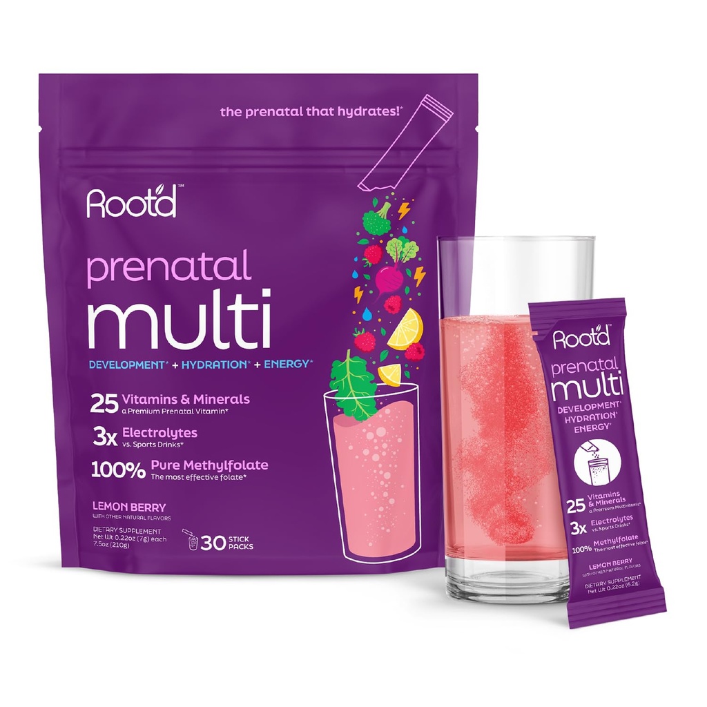 Root'd Prenatale Multivitamine Poeder - 25 Vitaminen & Mineraal met 3x Elektrolyten, Folaat, IJzer, D3 voor Mom & Baby, 7 Superfood & Probiotica, Suikervrije Vitaminen & Hydratatie 30 Vitamine Drink Packets