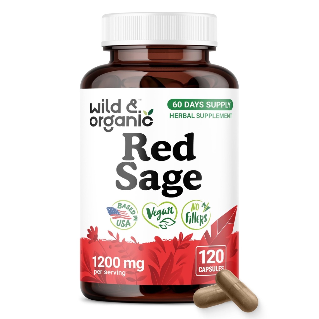 Wild & Organic Red Sage Capsules - 1200 mg Dan Shen Supplement - Chinese Red Sage Powder for Antioxidant Support - 60 Days of Supply - 120 Vegan Capsules - Non-GMO, Vegan, No Fillers