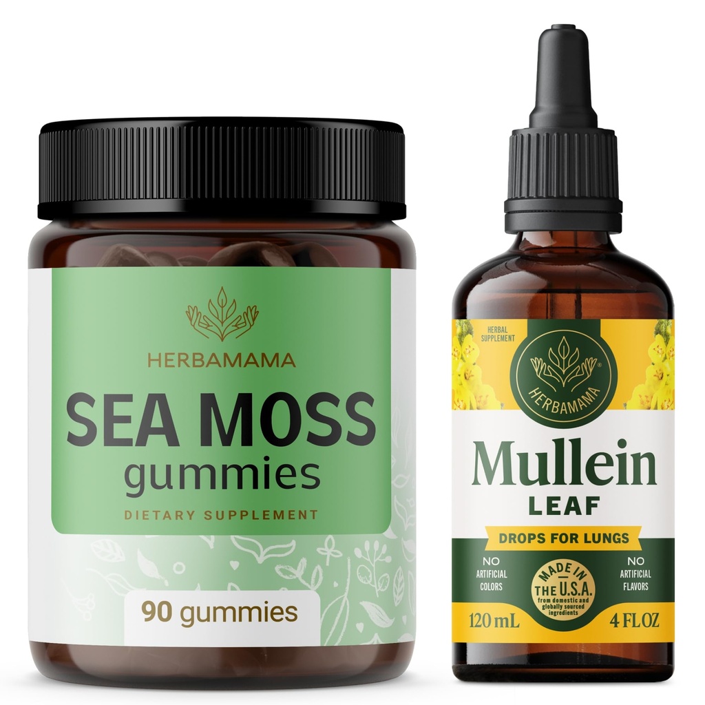HERBAMAMA Sea Moss and Mullein Leaf Kit - Bundle of 1600 mg Sea Moss Gummies & Mullein Leaf Drops 4 fl oz - Vegan, Non-GMO, Alcohol-Free - 2 Pack